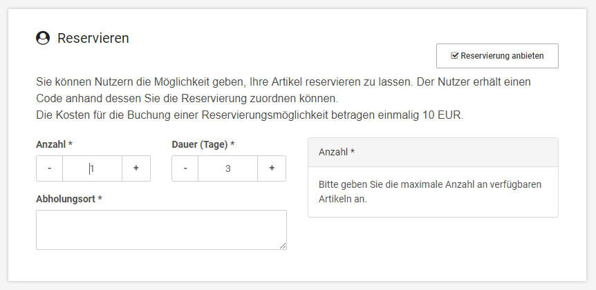 Reservierungs-Option für Artikel anbieten